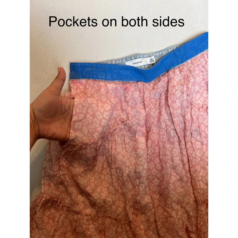 Coach Pink Floral Tiered Mini Skirt Blue Denim Waistband Pockets Size 0